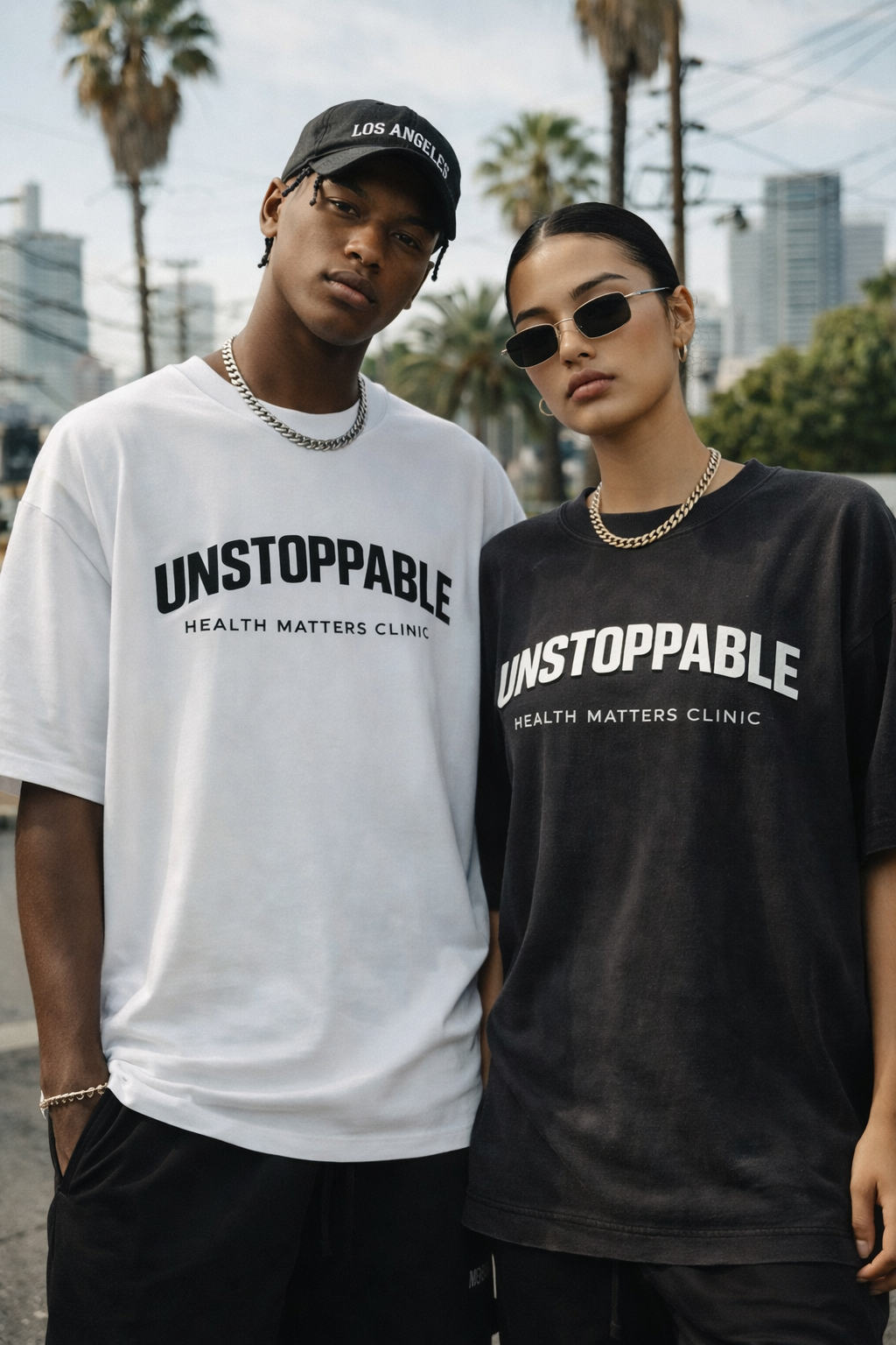 Unstoppable tee, white and black colorways, Health Matters Clinic